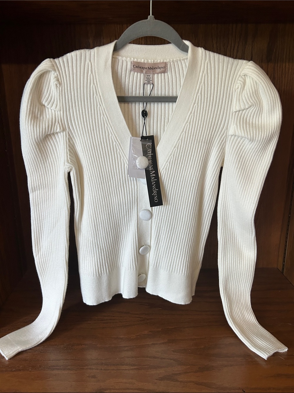 Catherine Malandrino Cream Ribbed V-Neck Button Cardigan with Puff Shoulders